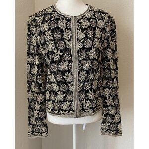 Camille Marie Jacket 100% Silk SZ Small Blazer Black Gold Beaded Floral Retro